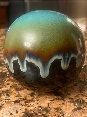 Vintage Ceramic Decorative Sphere/Carpet Ball in Teal and Brown